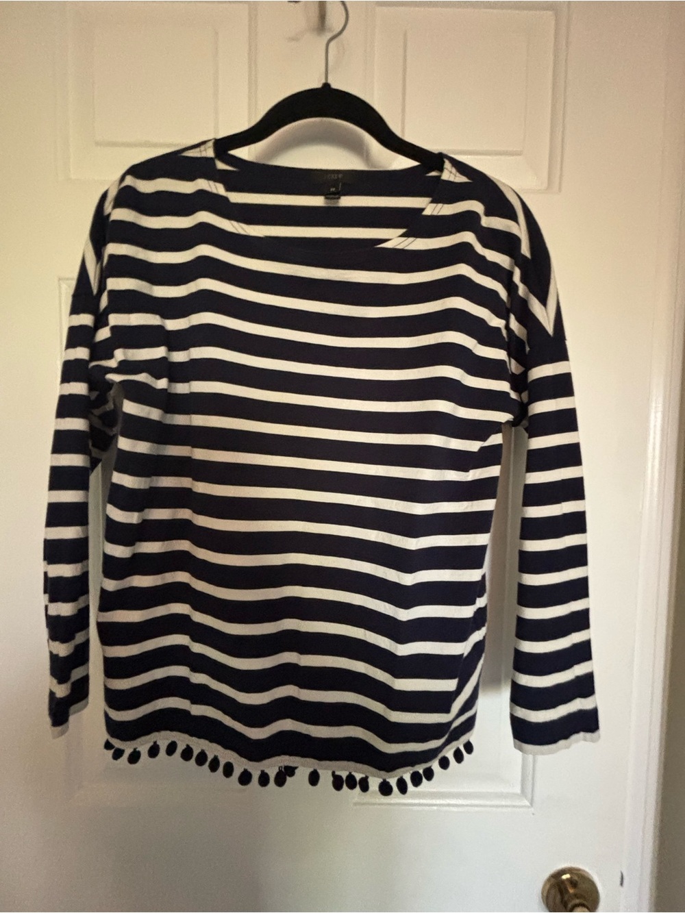 J. Crew Navy Striped Long Sleeve Shirt With Pompoms. Size XS and 100% cotton.